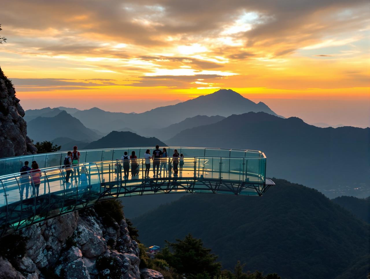 蜗牛影院 - 景区玻璃栈道观景平台日落时分山景背景