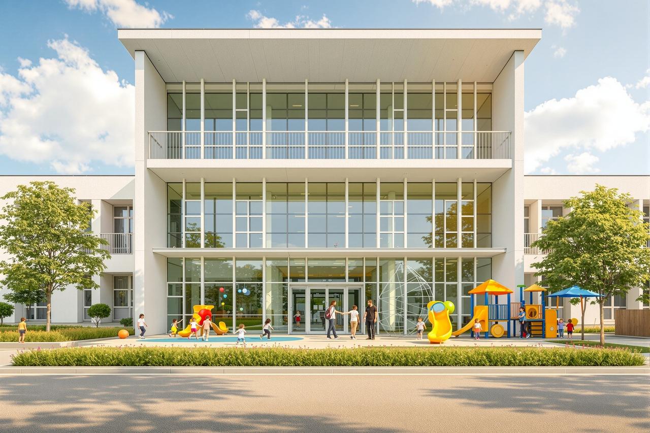 蜗牛影院 - 学区房政策大变局,现代学校建筑和操场