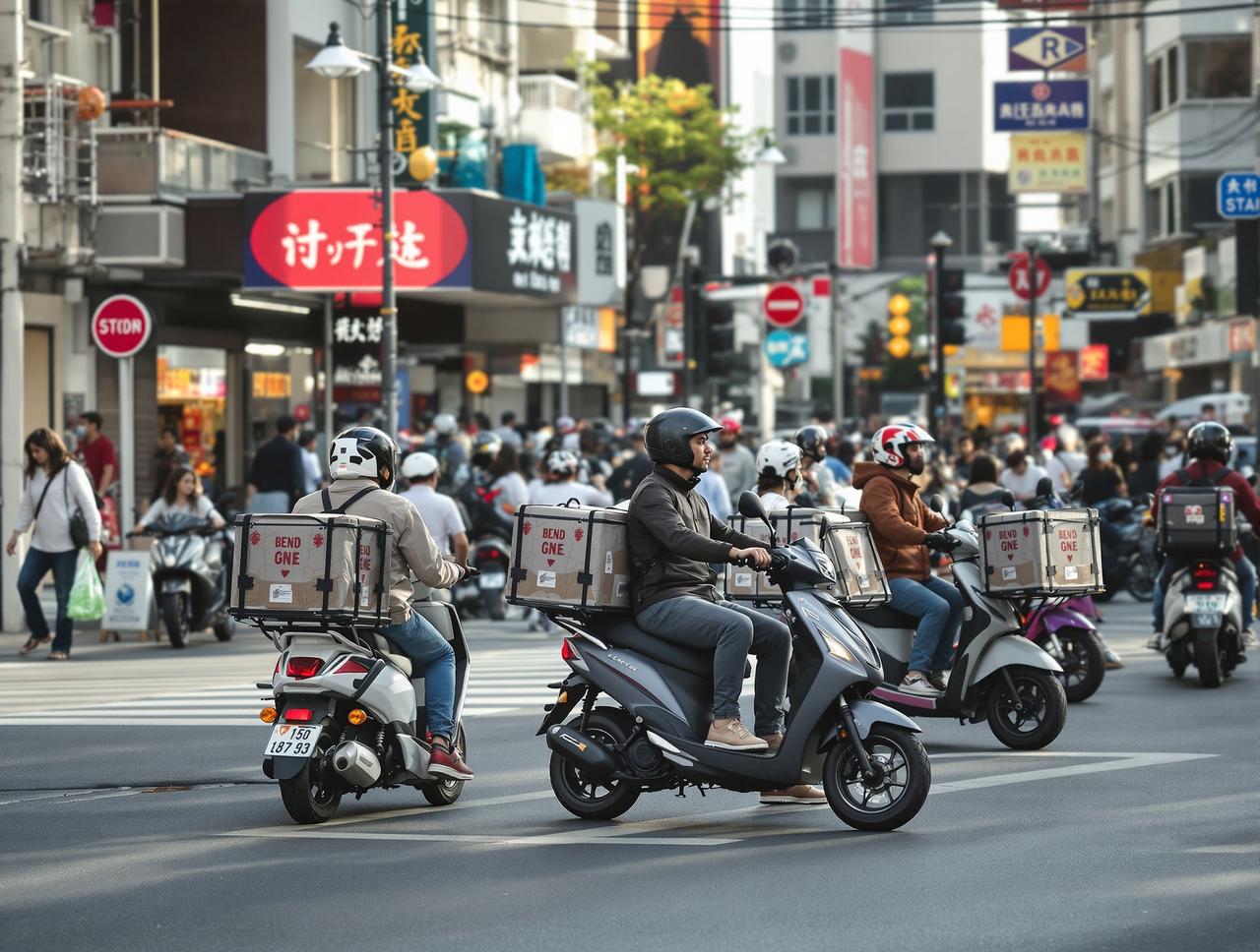 蜗牛影院 - 城市街头外卖骑手电动车穿梭于商业区