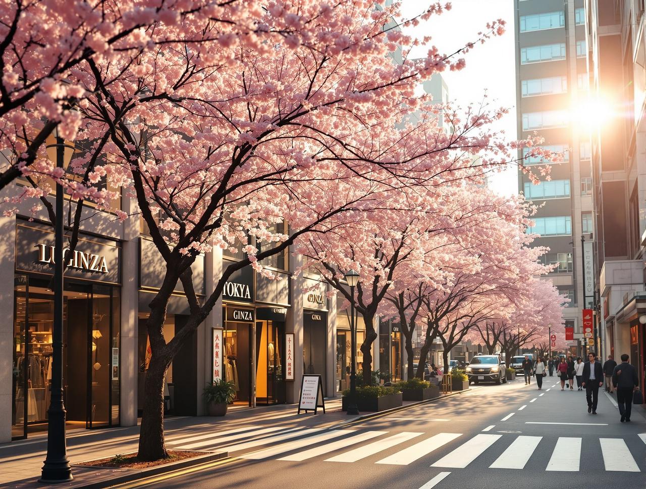 蜗牛影院 - 东京银座街头春日樱花和奢侈品店,浪漫氛围